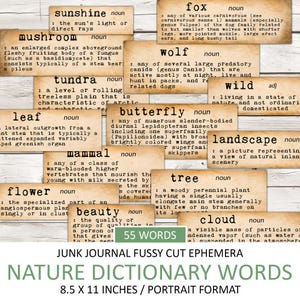 May include: A set of 10 printable nature dictionary cards with words like sunshine, mushroom, tundra, leaf, mammal, butterfly, fox, wolf, wild, landscape, tree, and cloud. The cards are printed on a vintage-style background with a brown paper texture. The text is in black and white.