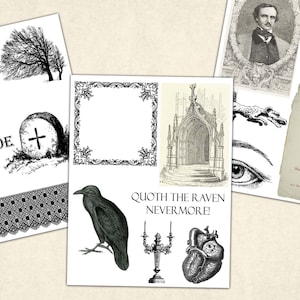 May include: A collection of black and white illustrations featuring gothic and macabre imagery, including a skeleton, a raven, a tombstone, a church, an eye, a heart, and a candlestick. The text "Quoth the Raven Nevermore!" is also included.