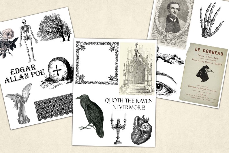 May include: A collection of black and white illustrations featuring gothic and macabre imagery, including a skeleton, a raven, a tombstone, a church, an eye, a heart, and a candlestick. The text "Quoth the Raven Nevermore!" is also included.