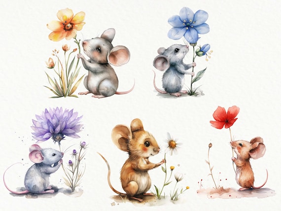 水彩画のネズミのクリップアート：花柄の絵本風ネズミのイラスト