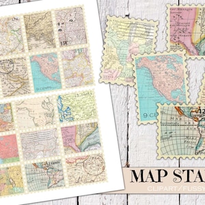 Sellos de mapas vintage imprimibles, efímera vintage, corte exigente, hoja de pegatinas, suministros de diario basura, restos de mapas antiguos, imágenes prediseñadas, collage