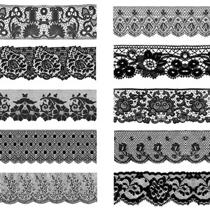 K&ouml;nnte beinhalten: Eine Sammlung von acht schwarzen Spitzenborten mit verschiedenen Mustern, darunter florale, geometrische und gepunktete Designs. Die Borten sind in zwei Reihen zu je vier angeordnet, wobei jede Borde durch einen wei&szlig;en Abstand getrennt ist.