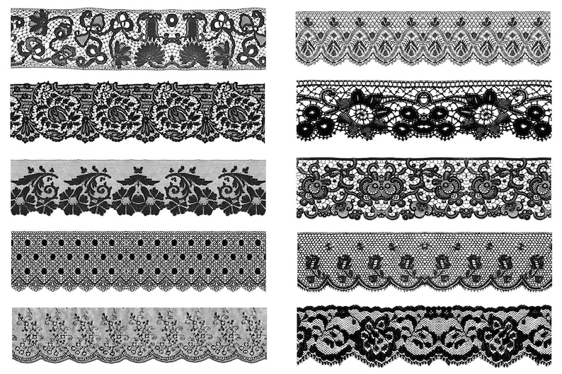 K&ouml;nnte beinhalten: Eine Sammlung von acht schwarzen Spitzenborten mit verschiedenen Mustern, darunter florale, geometrische und gepunktete Designs. Die Borten sind in zwei Reihen zu je vier angeordnet, wobei jede Borde durch einen wei&szlig;en Abstand getrennt ist.