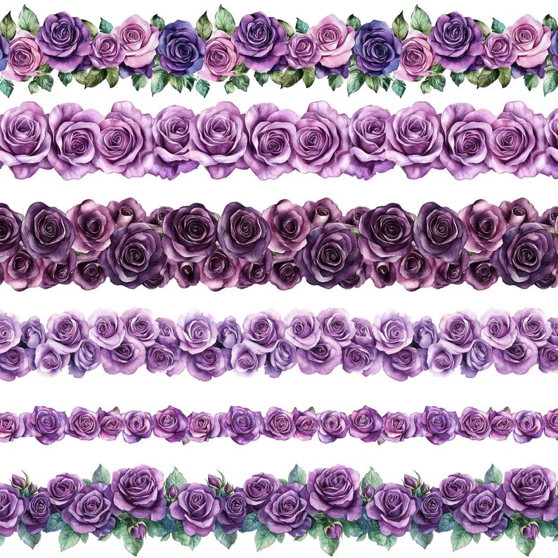 Purple Roses Seamless Border Clipart: Floral Design (digital Download ...