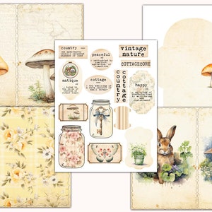 May include: A digital paper pack with a cottagecore theme. The pack includes images of mushrooms, a cottage, a rabbit, a mason jar, a key, a butterfly, and floral patterns. The text "vintage nature cottagecore" is included in the image.