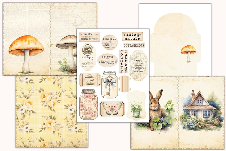 May include: A digital paper pack with a cottagecore theme. The pack includes images of mushrooms, a cottage, a rabbit, a mason jar, a key, a butterfly, and floral patterns. The text "vintage nature cottagecore" is included in the image.