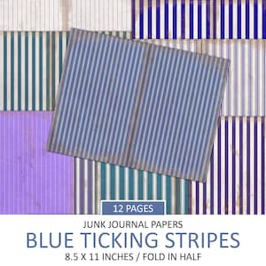 Vintage Junk Journal Paper, Distressed Blue Ticking Stripes, Ephemera, Antique Signature, Old Paper, Scrapbook Background, Instant Download