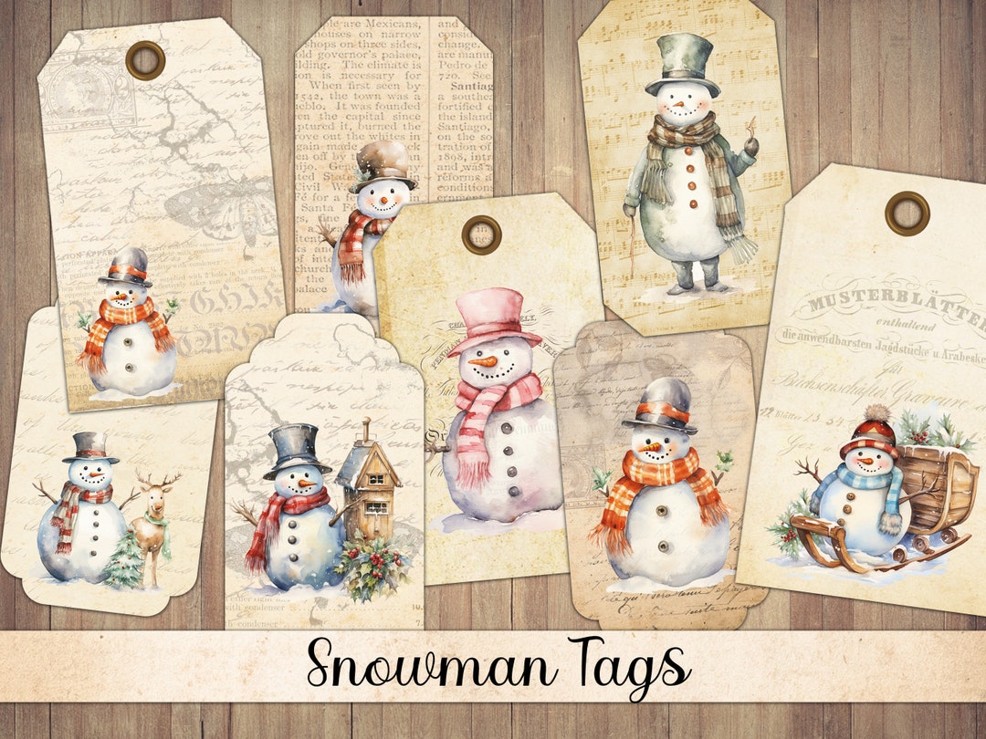 Vintage Snowman Tags, Printable Ephemera, Christmas Tag, Winter Snowmen, Journal Cards, Seasonal ...