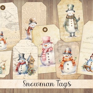 Vintage Snowman Tags, Printable Ephemera, Christmas Tag, Winter Snowmen, Journal Cards, Seasonal Labels, Fussy Cut, Instant Download