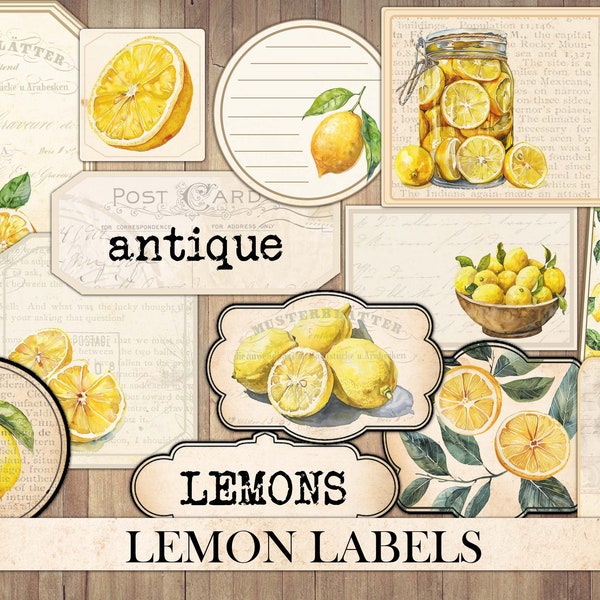 Vintage Lemons Labels, Junk Journal Ephemera, Antique Cards, Yellow Fruit, Summer Nature, Scrapbook Embellishment, Fussy Cut, Download