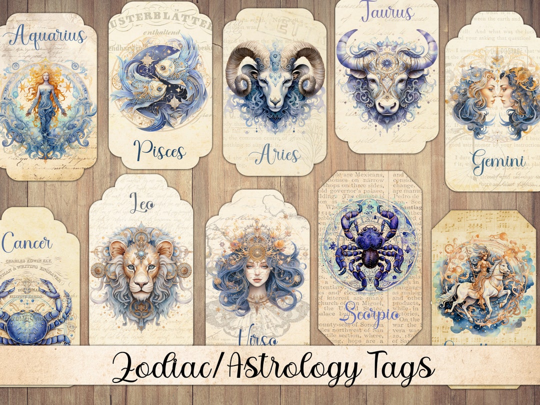 Vintage Blue Astrology Tags, Printable Ephemera, Watercolor Zodiac Sign Design, Labels, Junk