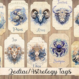 Vintage Blaue Astrologie Tags, Druckbare Ephemera, Aquarell Sternzeichen Design, Etiketten, Junk Journal Verschönerung, Pingeliger Schnitt, Herunterladen