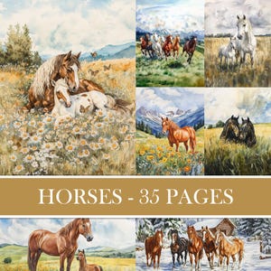 Vintage Horses Backgrounds, Junk Journal Supplies, Equine Image, Farm Animal, Wild Horse, Antique Scrapbook Paper, Printable Download