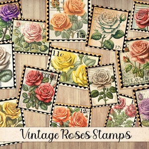 Printable Roses Stamps, Vintage Floral Ephemera, Fussy Cut, Sticker Sheet, Junk Journal Supplies, Rose Stamp Clipart, Instant Download