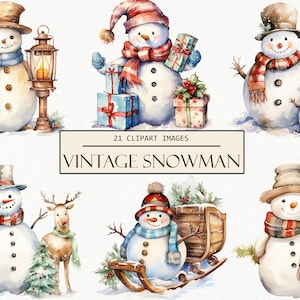 Watercolor Vintage Snowmen Clipart, Winter Images, Sticker and Planner Clip Art, Sublimation Images, Christmas Design, Snowman, Commercial
