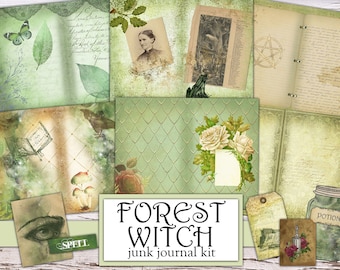 Forest Witch Junk Journal Kit: groene heks, ephemera en papieren (digitale download)