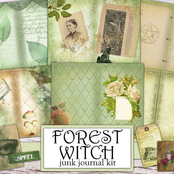 Forest Witch Junk Journal Kit, Green Witch, Grimoire Journal, Book of Shadows, Ephemera, Wiccan Woods, Fussy Cut, Scrapbook Embellishment