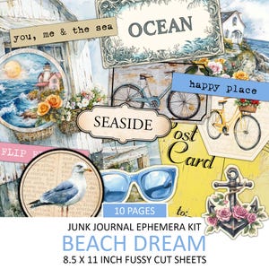 Zestaw Vintage Ocean Ephemera, Antyczne plażowe skrawki, Seaside Fussy Cut, Materiały do dziennika śmieci, Kolaż, Dodatek Beach Dream, Natychmiastowe pobieranie