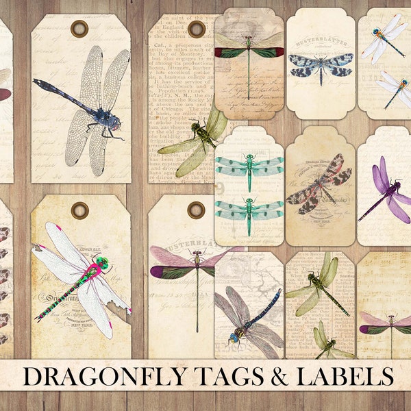 Vintage Dragonfly Tags and Labels, Junk Journal Ephemera, Antique Cards, Dragonflies Scraps, Scrapbook Embellishment, Fussy Cut, Download