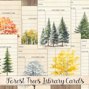 Afdrukbare vintage bos bomen bibliotheekkaarten, kieskeurig gesneden, ephemera pack, junk journal supplies, journal kladjes, natuur plakboek, collage