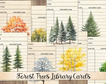 Vintage Forest Trees Library Cards: Junk Journal Ephemera (Digital Download)