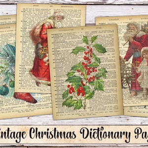 Páginas de dicionário de Natal vintage digital, papel de Papai Noel antigo, itens efêmeros, kit de scrapbook de inverno, papel de Natal, para impressão, download instantâneo