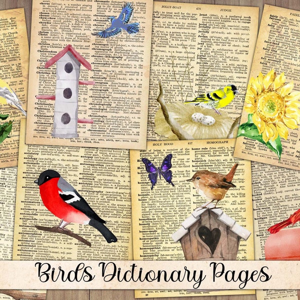 Vintage Dictionary Pages, Watercolor Bird, Ephemera, Nature Scrapbook Kit, Antique Bird Paper, Printable, Instant Download