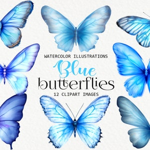 Watercolor Blue Butterflies Clipart Pack, Butterfly PNG, Clip Art Graphics, Illustration, Transparent Background, Commercial Use
