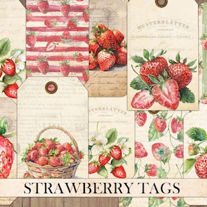 Vintage Strawberry Tags, Junk Journal Ephemera, Antique Cards, Scrapbook Embellishment, Fussy Cut, Antique Strawberries, Instant Download