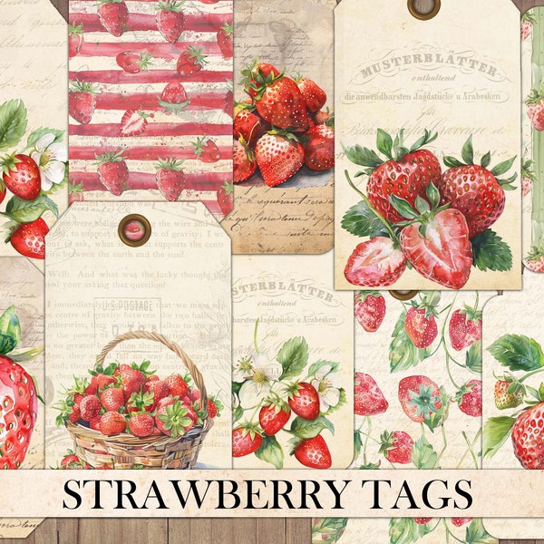 Vintage Strawberry Tags, Junk Journal Ephemera, Antique Cards, Scrapbook Embellishment, Fussy Cut, Antique Strawberries, Instant Download