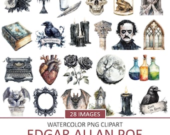 Watercolor Edgar Allan Poe Clipart: Gothic Poet PNG Images (Digital Download)