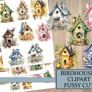 Watercolor Floral Birdhouses Clipart, Junk Journal Ephemera, Bird House, Fussy Cut, Scrapbook Embellishment, PNG Clip Art, Printable