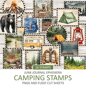 Sellos imprimibles de camping vintage, efímeras antiguas, recortes, hojas de pegatinas, suministros para diarios basura, imágenes prediseñadas, álbumes de recortes digitales, collages