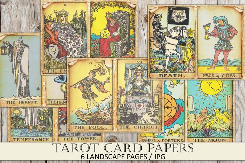 May include: A collage of ten vintage tarot cards with colorful illustrations and gold trim. The cards include The Hermit, The Empress, The Hanged Man, The Fool, The Chariot, Death, Page of Cups, Temperance, The Tower, and The Moon. The cards are arranged in a grid pattern on a wooden background. The text "TAROT CARD PAPERS" and "6 LANDSCAPE PAGES / JPG" is printed below the cards.