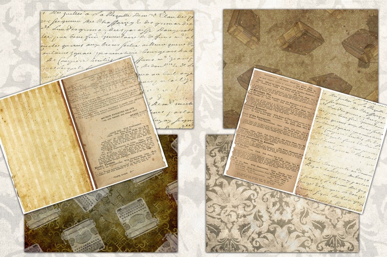 May include: A collage of six vintage-style paper textures. The papers feature different patterns, including stripes, floral designs, and handwritten text. The papers are all in shades of brown and beige.