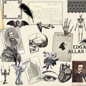 May include: A collage of images related to Edgar Allan Poe, including a raven, a skull, a heart, a skeleton, a church, and a quote from his poem "The Raven".