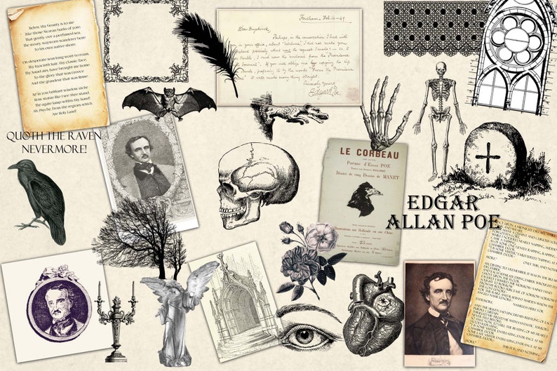 May include: A collage of images related to Edgar Allan Poe, including a raven, a skull, a heart, a skeleton, a church, and a quote from his poem "The Raven".