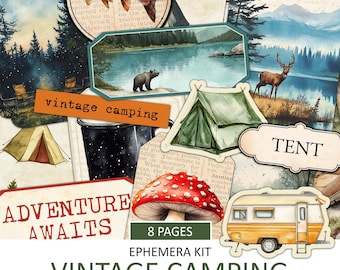 May include: A collage of vintage camping ephemera, featuring illustrations of a lake, bear, deer, tent, and a retro camper. Text includes "Adventure Awaits," "Vintage Camping," and "Pinecone."