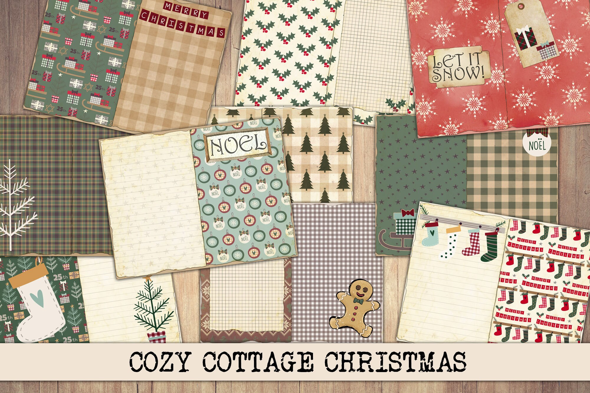 クリスマスジャンクジャーナルペーパー：居心地の良い冬のコテージの