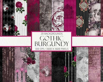 Burgundy Gothic Digital Paper: Skulls & Roses Ephemera (Instant Download)