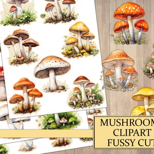 Watercolor Mushroom Clipart, Junk Journal Ephemera, Realistic Mushrooms, Fussy Cut, Scrapbook Embellishment, PNG Clip Art, Printable