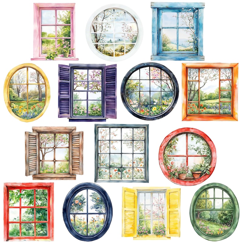 Watercolor Spring Window Clipart: Floral PNG Images (digital Download ...
