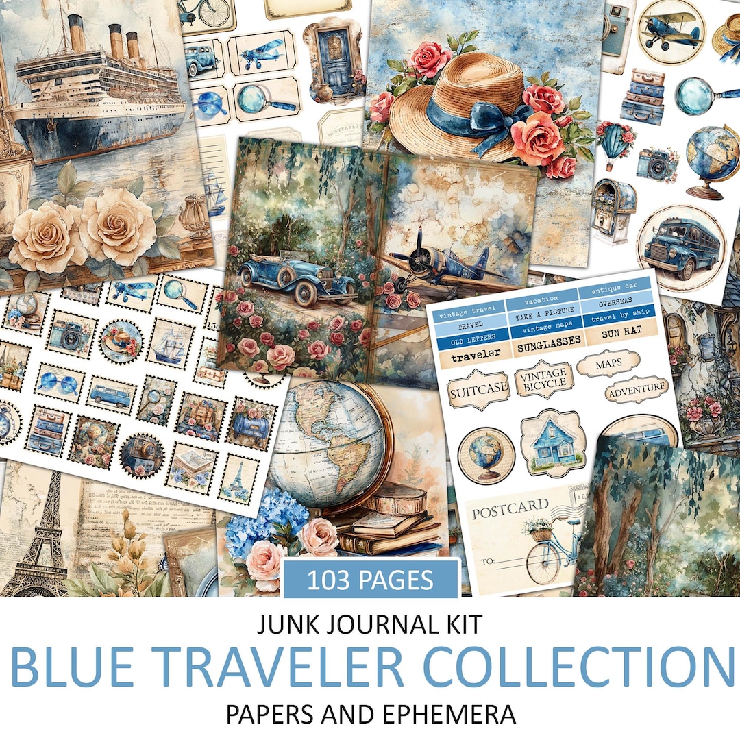 Vintage Blue Traveler Junk Journal Kit: Ephemera Paper (digital ...