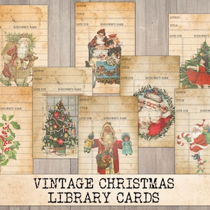 Druckbare Vintage-Weihnachtsbibliothekskarten, pingeliger Schnitt, Ephemera-Pack, Junk-Journalzubehör, Journal-Scraps, Winter-Sammelalbum, Collage