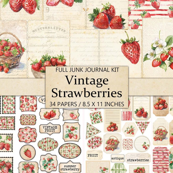 Strawberries Junk Journal Kit, Vintage Style Fruit Journal Page, Ephemera, Fussy Cut, Scrapbook Embellishment, Printable Craft Kit, Download
