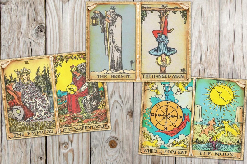 May include: A set of ten tarot cards with colorful illustrations and gold trim. The cards include The Empress, Queen of Pentacles, The Hermit, The Hanged Man, Wheel of Fortune, and The Moon.