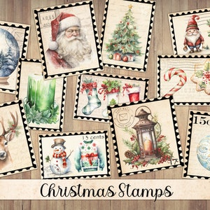 Watercolor Christmas Stamps, Vintage Ephemera, Fussy Cut, Sticker Sheet, Junk Journal Supplies, Holiday, Winter Clipart, Instant Download