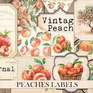 Vintage Peaches Labels, Junk Journal Ephemera, Antique Cards, Summer Fruit, Peach Fruit, Scrapbook Embellishment, Fussy Cut, Download