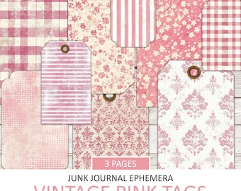 Vintage Pink Pattern Tags: Shabby Chic Junk Journal Ephemera (Digital Download)