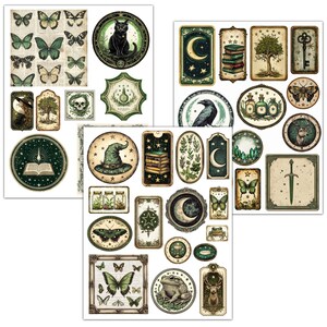 May include: A set of 24 digital printable stickers featuring a whimsical, magical theme. The stickers feature illustrations of a black cat, a witch's hat, a crescent moon, a book, a tree, a key, a crow, a frog, a deer, a sword, a butterfly, and more. The stickers are perfect for adding a touch of magic to your planner, journal, scrapbook, or other craft projects.